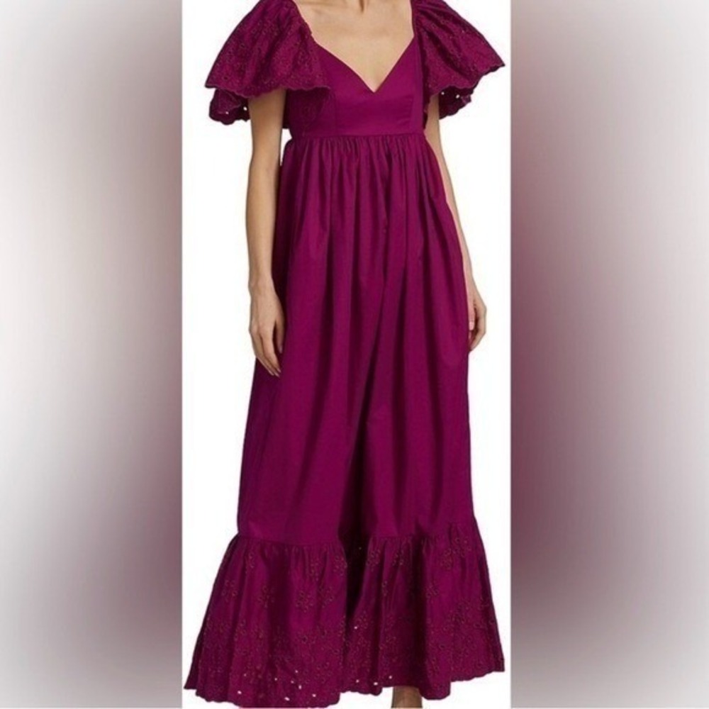 Anthropologie En Saison Barnette Eyelet Puff Sleeve Magenta Maxi Dress Size XS